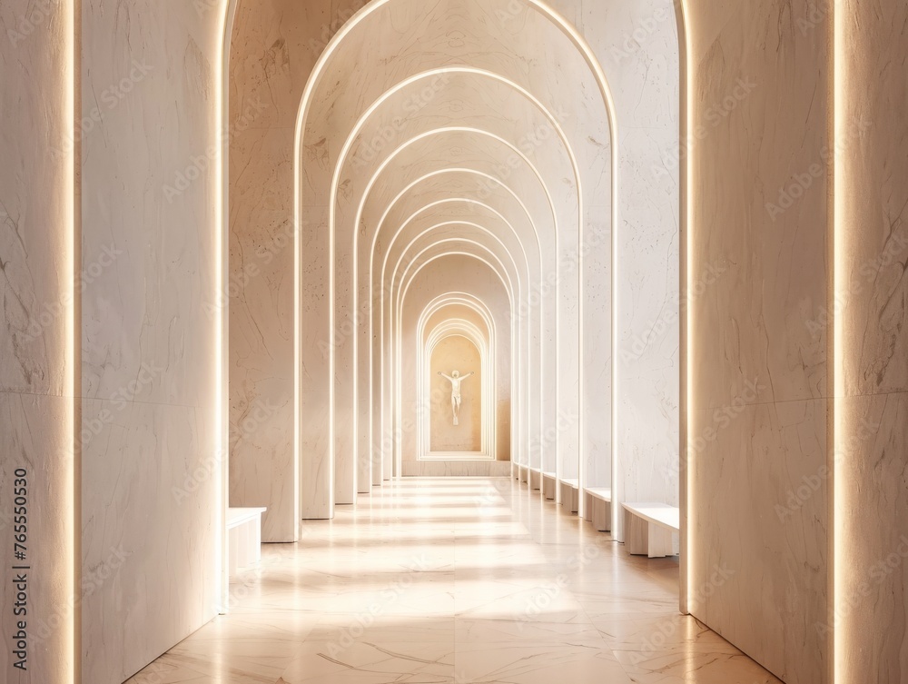 Cathedral aisle lined with minimalist marble arches leading to an altar of light
