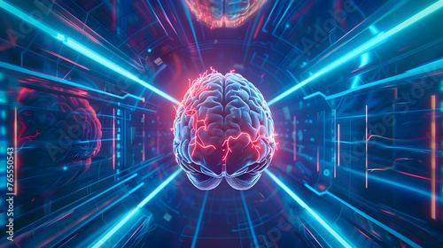 A brain experiencing a Cerebrovascular Accident, set within a holographic display that projects the scan in mid-air. The background is dominated by dynamic, blue neon lines that mimic neural pathway.