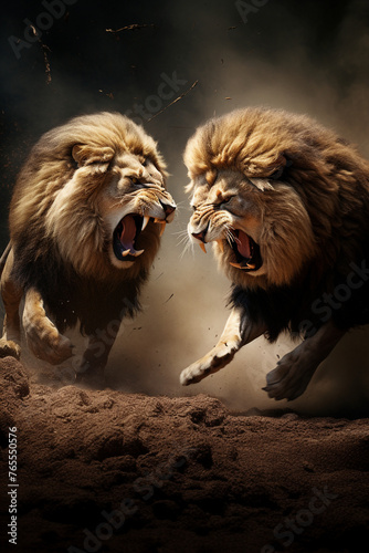 lion's duel, macrography, family, Hyper realistic, detail quality, photography сreated with Generative Ai