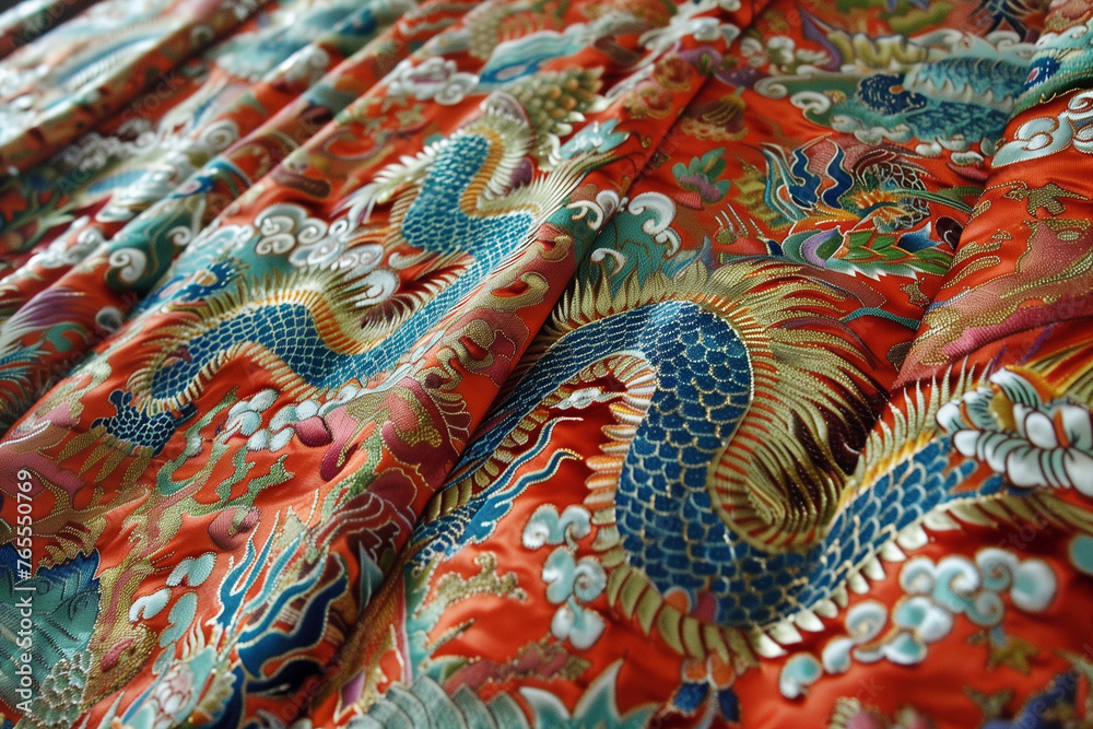 A red and blue dragon is embroidered on a piece of fabric