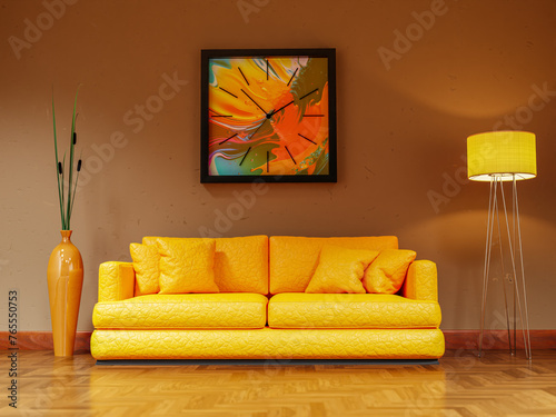 3D rendering of architectural visualization of modern living room with yellow leather sofa