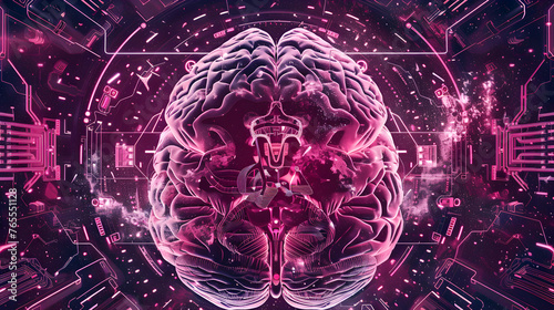 A brain affected by Multiple Sclerosis, highlighting the lesions and demyelination with clarity. The scan is set against a backdrop of futuristic technology, with complex pink neon circuitry patterns.