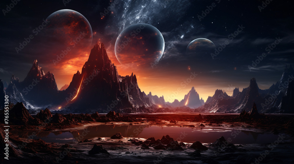 Landscape in fantasy alien planet with flaming moon an