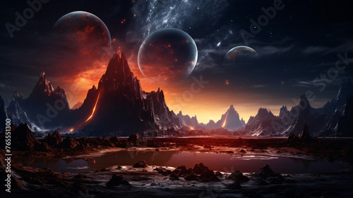 Landscape in fantasy alien planet with flaming moon an