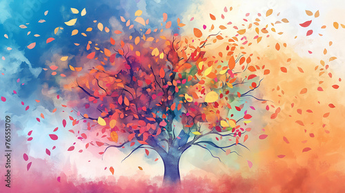 A vibrant, abstract depiction of a tree with leaves in warm autumn colors against a cool-toned backdrop