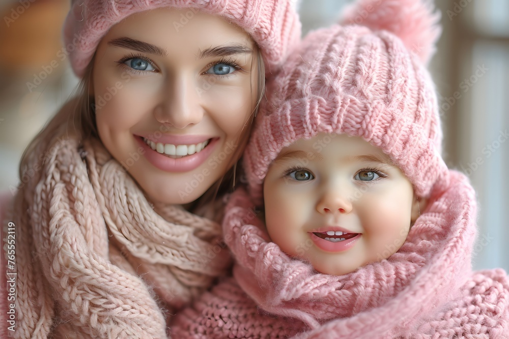 Woman Holding Baby in Pink Hat and Scarf Woman Holding Baby in Pink Hat and Scarf