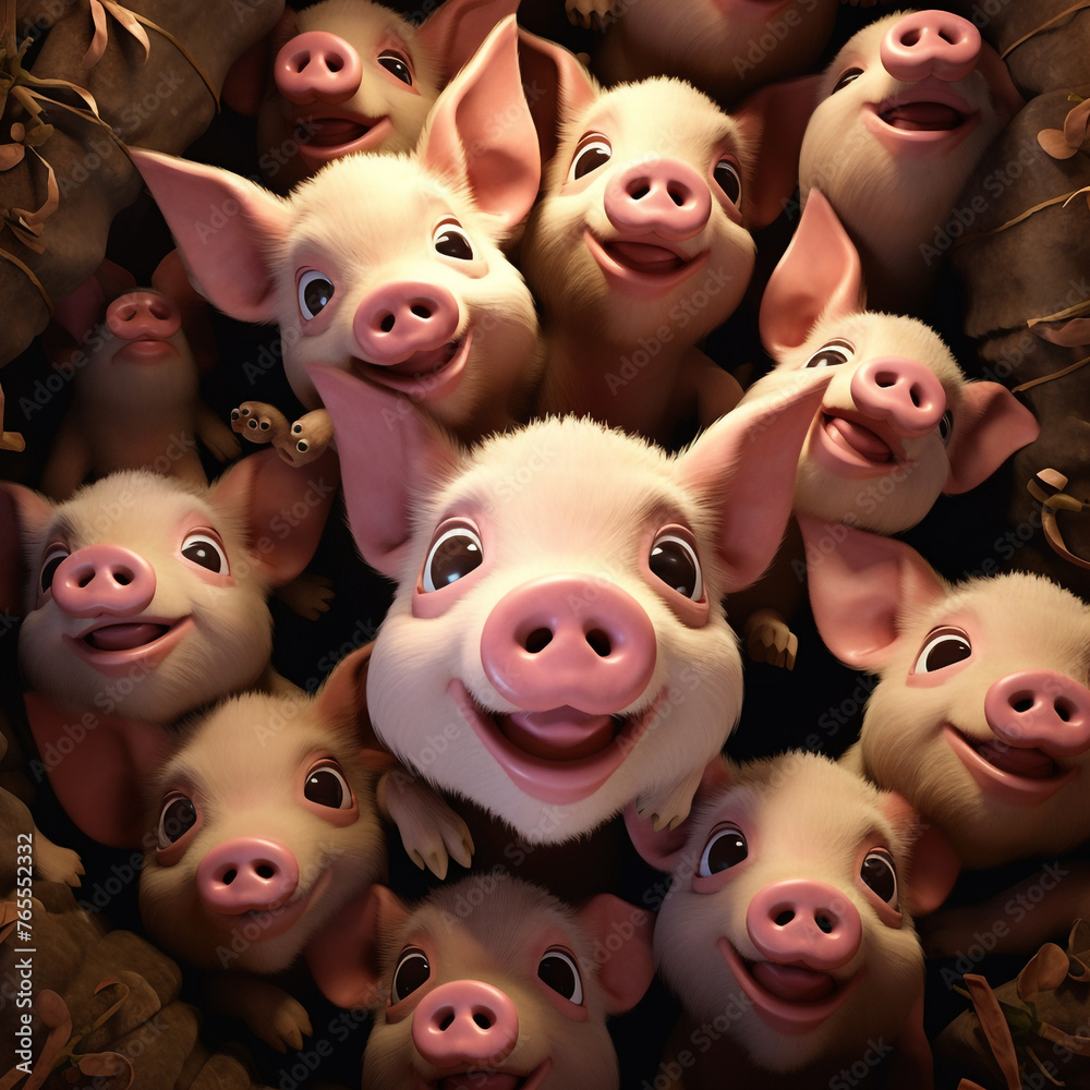 Fototapeta premium cute animated pigs, from above сreated with Generative Ai