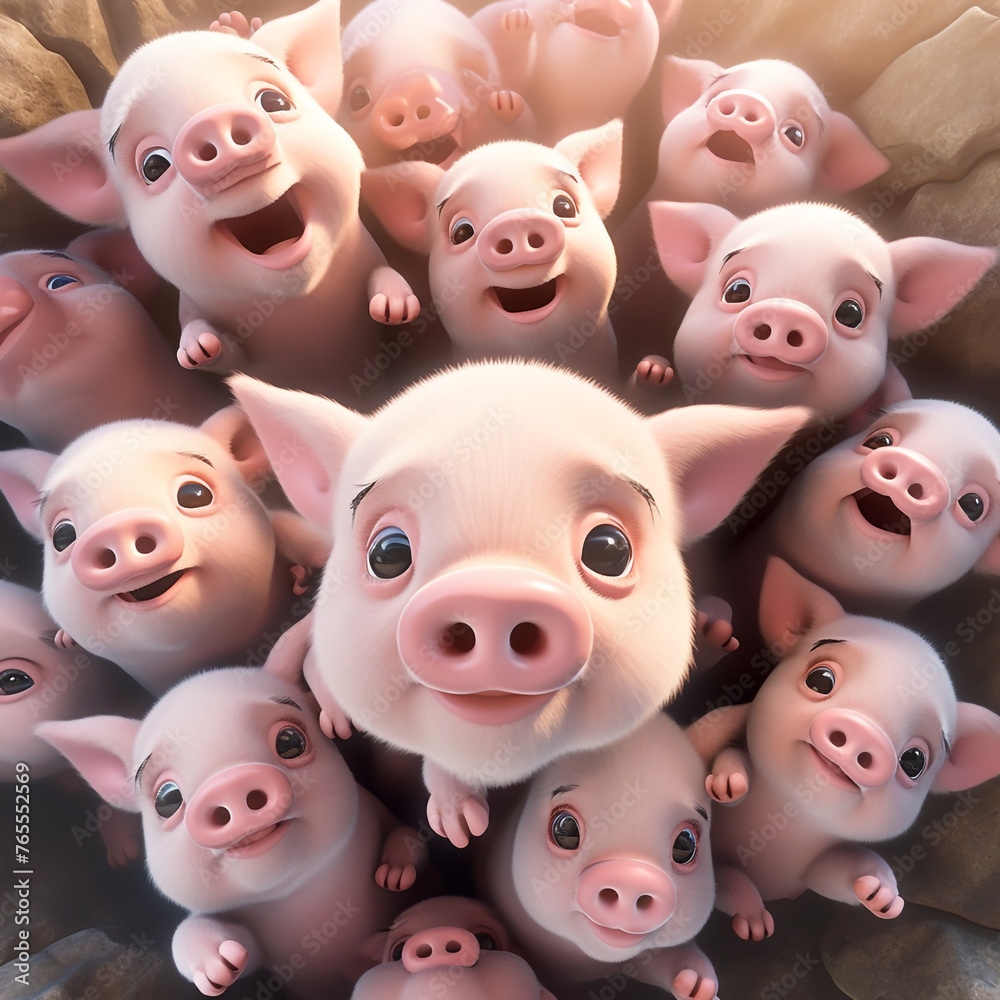 Fototapeta premium cute animated pigs, from above сreated with Generative Ai