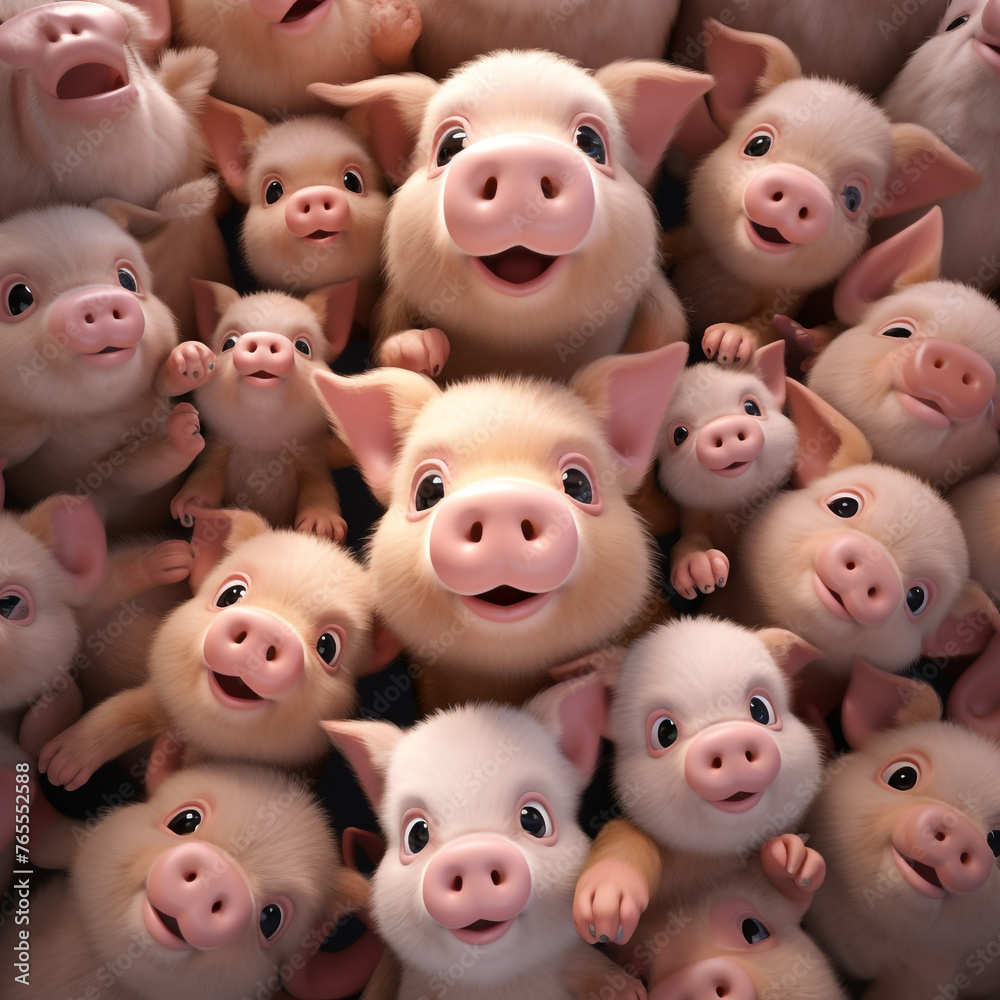 Fototapeta premium cute animated pigs, from above сreated with Generative Ai