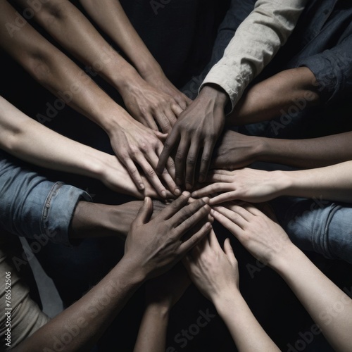 Overhead view of diverse hands joined together in a show of unity and collaboration. The image captures the essence of teamwork and mutual support in a dark, moody setting.