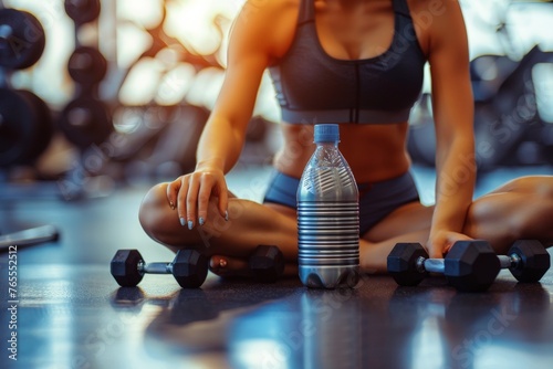 Close up of Woman Resting in Gym with Dumbbell Nearby photo
