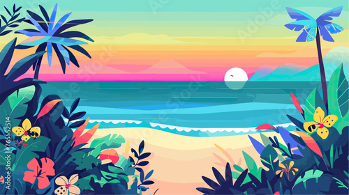 Tropical beach with palm trees and sunset  vector illustration
