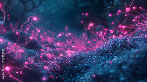 Immersive visualization of MS within the brain, represented as a network of neural pathways disrupted by glowing pink lesions.