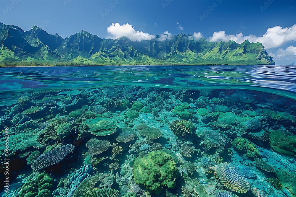 Underwater View of Coral Reef With Mountains in Background Underwater View of Coral Reef With Mountains in Background