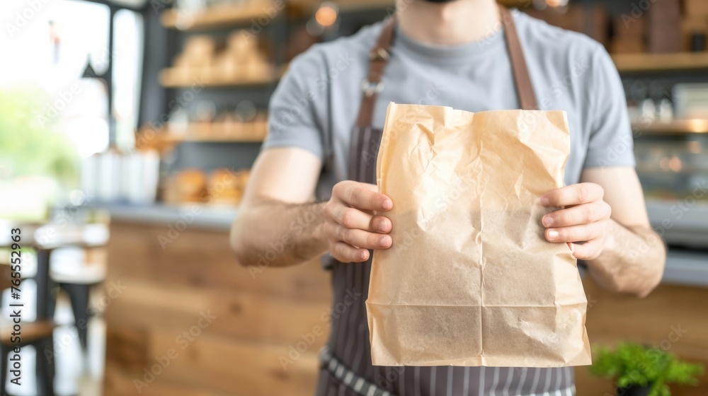 Young Man Holding Paper Food Bag Mockup for Delivery Service Concept