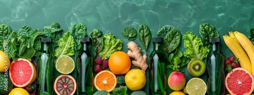 Fresh and Colorful Flat Lay of Fruits  Vegetables  Greens  and Juice Bottles