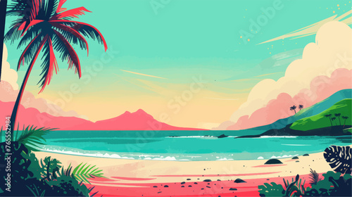 Tropical beach with palm trees and sunset  vector illustration.