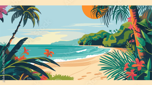 Tropical beach with palm trees and sunset, vector illustration.