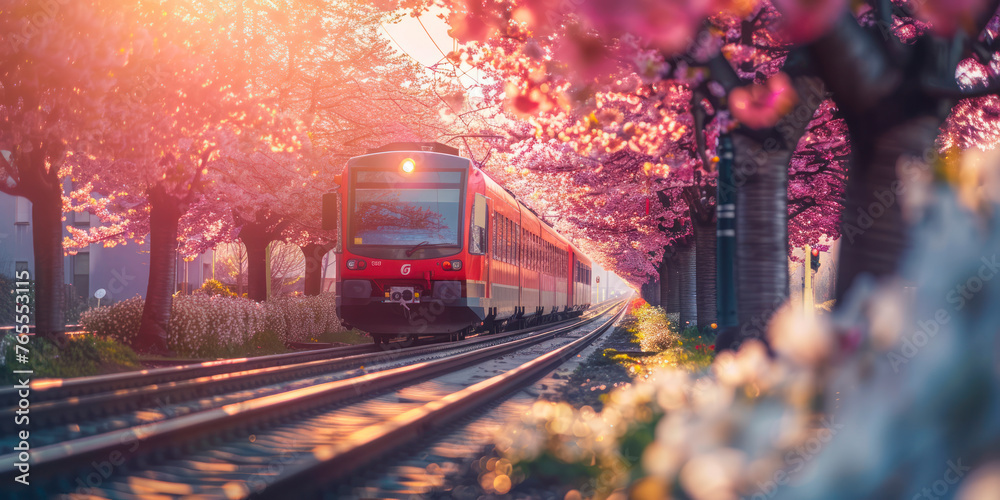 Cherry blossom with red train in spring. Cherry blossom with red train in spring.