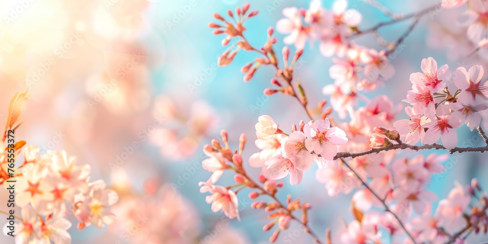 Selective focus of beautiful branches of pink Cherry blossoms on the tree under blue sky.