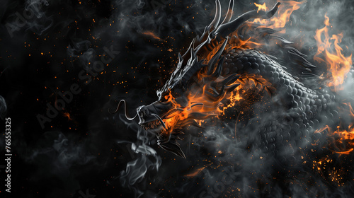 A dragon with a fiery breath is roaring in the dark, surrounded by smoke and flames. The dragon appears to be angry and is opening its mouth wide, creating a sense of danger and power.