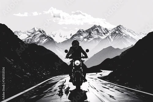 a person riding a motorcycle on a road with mountains in the background