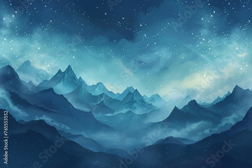 a mountain range with fog and stars