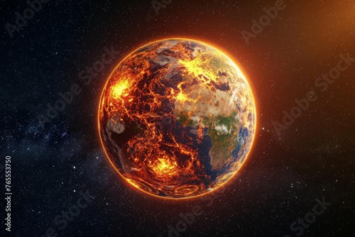 Imaginative depiction of Earth with a fiery glow  symbolizing global warming in a star-filled night sky