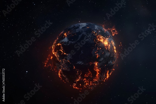 Dramatic vision of Earth engulfed in flames, signifying a catastrophic event in a star-studded cosmos