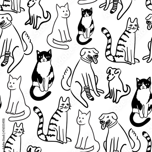 seamless pattern with pet cats and dogs character in vector. on animal topic in doodle style. Template for wallpaper background wrapping postcard print