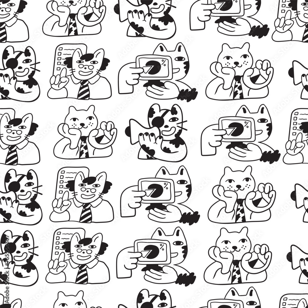 seamless pattern with cat character in vector. on business topic in doodle style. Template for wallpaper background wrapping postcard print