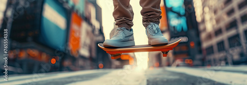 Close-up of hoverboard, hoverboard rider's legs, floating in the air in the city, future of air vehicles. photo