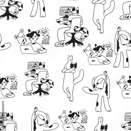seamless pattern with cat character in vector. on business topic in doodle style. Template for wallpaper background wrapping postcard print
