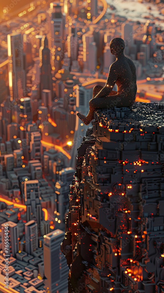 A figure sits cross-legged atop a mountain peak, overlooking a sprawling digital cityscape 3D render, Golden hour lighting, showcasing the interconnectedness of digital and physical worlds