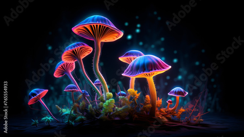 Neon mushrooms on a dark background .