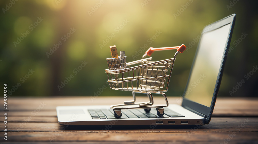 Online shopping concept with miniature shopping cart