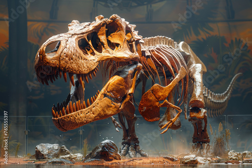 Tyrannosaurus rex skull depicted in a realistic profile position with high details , front view