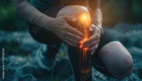 A person is massaging their knee with an animated glowing joint in the background, symbolizing pain relief and self care for people suffering from joint pain photo