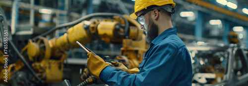 Selective focus of A Caucasian man is using a tablet to check work in an automobile assembly plant.