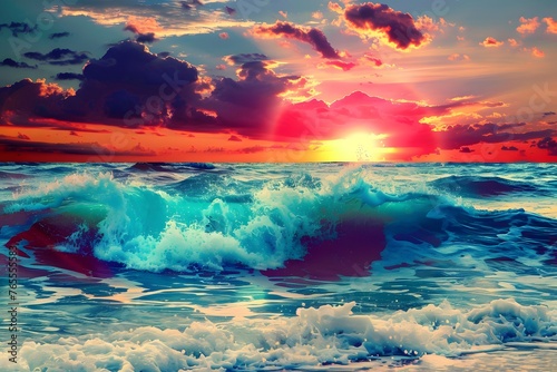 Dramatic Sunset Waves HD Wallpaper Showcasing the Dynamic Beauty of a Beach with Crashing Waves © CHUKBOK_id