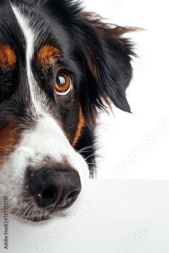 Close up of a dog's face against a white background, suitable for various projects © Fotograf