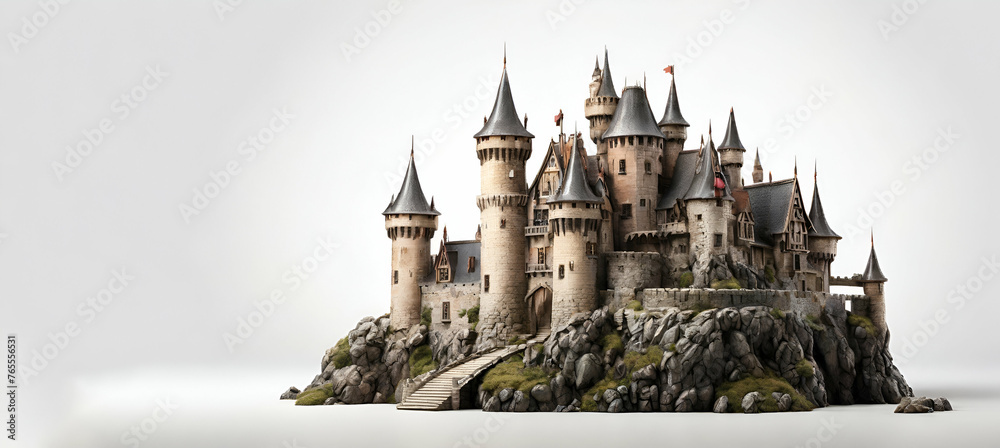 3D Old Castle: Collection of Enchanting with white isolate by white background generative by ai.. - obrazy, fototapety, plakaty 