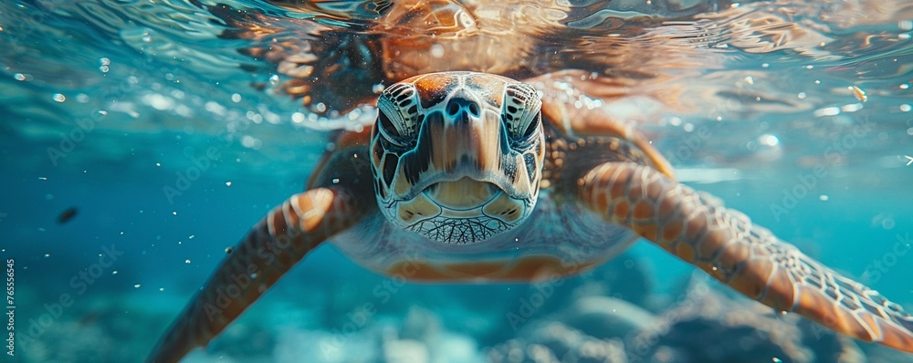 Focus on a close-up of a sea turtle swimming amidst floating plastic waste, showcasing the heartbreaking consequences of ocean pollution Integrate visual elements of sustainable alternatives like reus - obrazy, fototapety, plakaty 