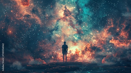 Illustrate the concept of introspection and enlightenment through a surreal image of a person gazing into an endless universe Depict a figures back against a cosmic backdrop, symbolizing profound thou photo