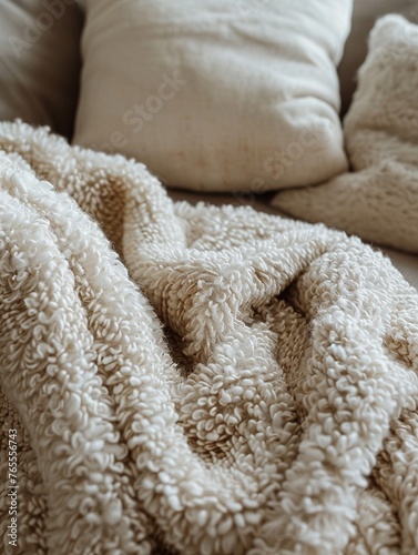 Design a captivating visual of a cozy blanket enveloping the viewer in a warm embrace, shot from a low angle to convey comfort and security