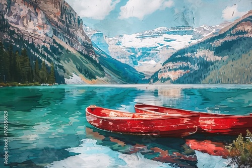 a red boats on a lake