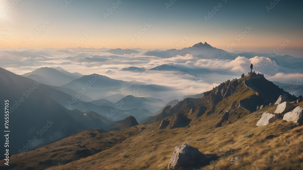 A man standing on top of a mountain celebrating with arms open. Success and goal achievement conceptAI generated image, ai A man standing on top of a mountain celebrating with arms open. Success and goal achievement conceptAI generated image, ai