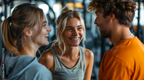 Group of Caucasian exercisers laughing cheerfully inside the gym.