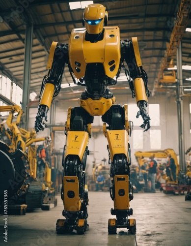A powerful industrial robot stands tall in a warehouse, its yellow and black design highlighting the strength and precision of modern automation technology