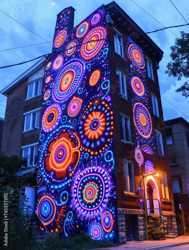 Design a captivating mural featuring bioluminescent patterns on a building facade to transform the cityscape at night Present the rear view of the artwork to showcase how it adds a touch of enchantmen photo